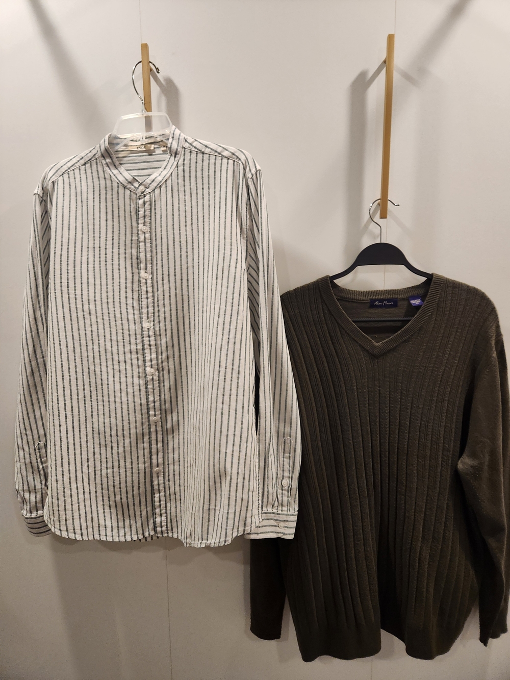 Olive/White Striped Button-Up Linen Shirt  AND Sweater